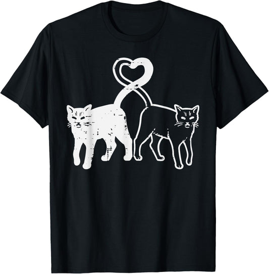 Black And White Cat Heart Tail Cute Kitten Women Girls Kids T-Shirt