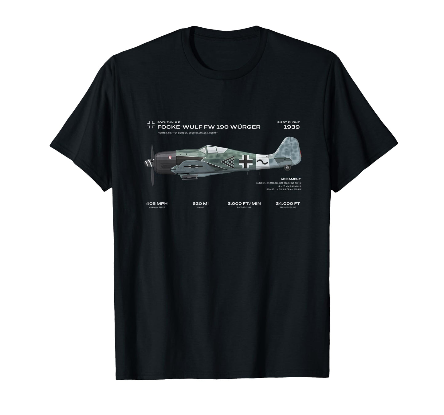 Focke Wulf Fw 190 WWII Airplane Historic War Bird Fighter T-Shirt