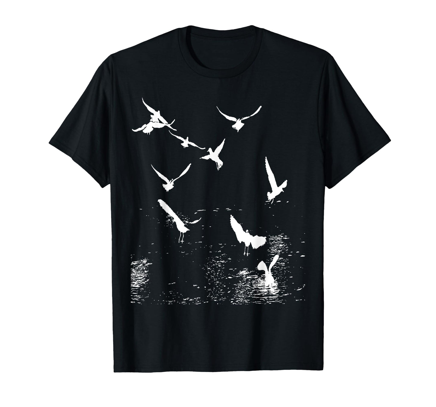 White Silhouette Of A Flock Of Seagulls Over Water T-Shirt
