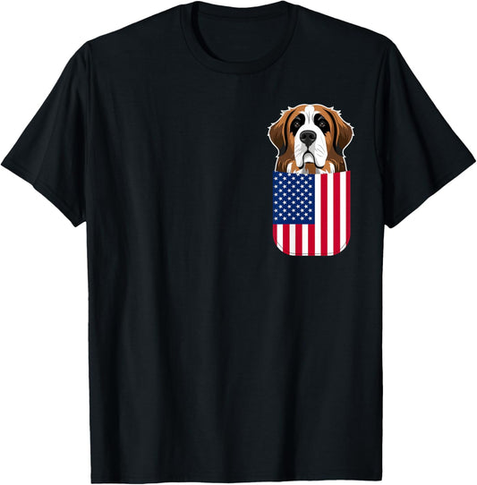 St Bernard Dog American Flag Patriotic 4th July Puppy Pocket T-Shirt