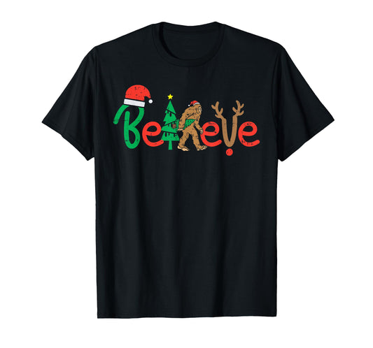 Believe Bigfoot Sasquatch Santa Reindeer Christmas Tree Gift T-Shirt