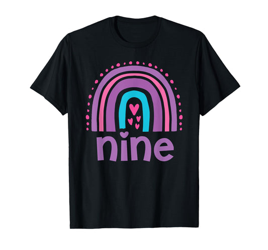 Girl's 9th Birthday Boho Rainbow Nine 9 Years Old Colorful T-Shirt