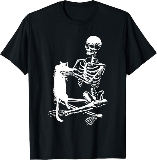 Skeleton Holding A Cat Shirt Lazy Halloween Costume Skull T-Shirt