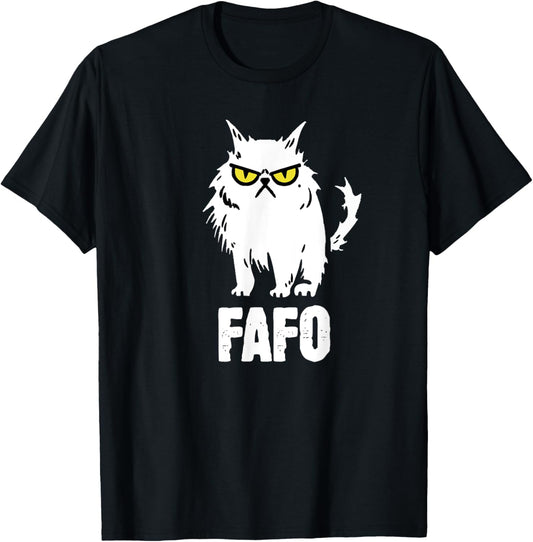 Unisex-Adults FAFO Cat T-Shirt - Black - Small - Short Sleeve - Crew Neck - Classic Fit - All Seasons