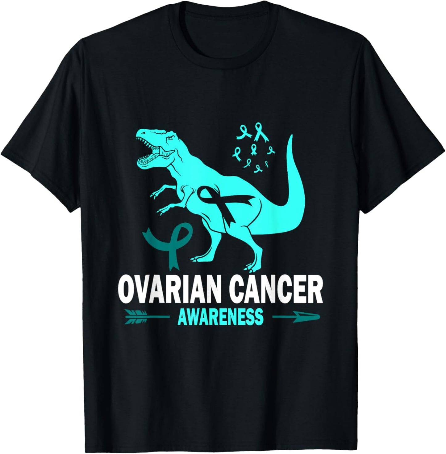 Dinosaur Ovarian Cancer Awareness Teal Ribbon Women Men Kids T-Shirt