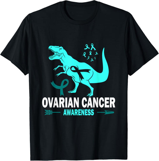 Dinosaur Ovarian Cancer Awareness Teal Ribbon Women Men Kids T-Shirt