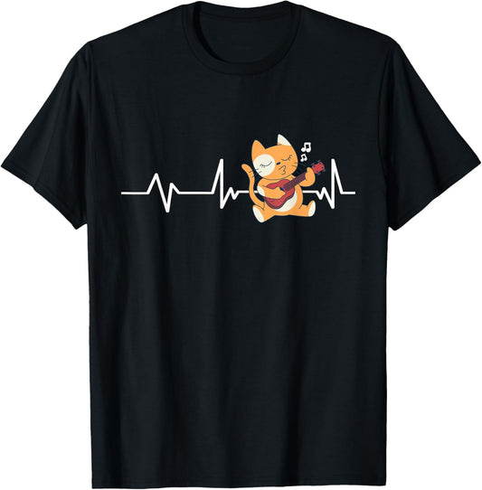 Cat Ukulele Heartbeat Heartrate EKG Design T-Shirt