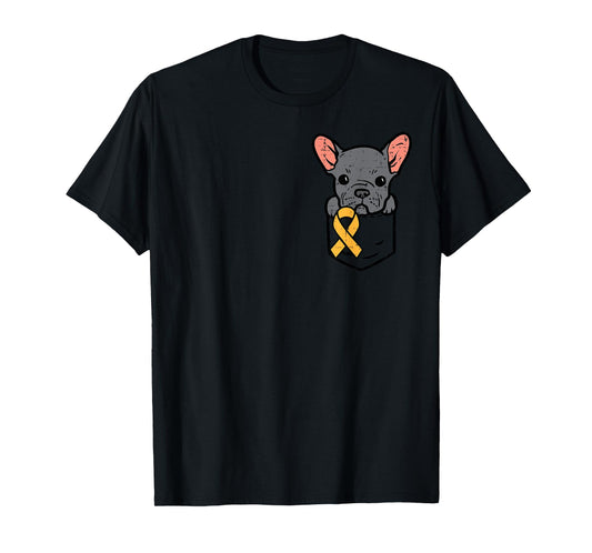 Pocket French Bulldog Childhood Cancer Ribbon Awareness Dog Men Women Girls Kids T-Shirt