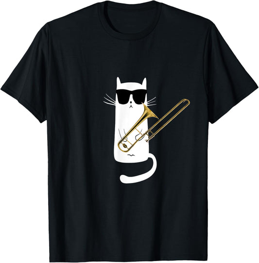 Funny Cat Wearing Sunglasses Playing Trombone T-Shirt