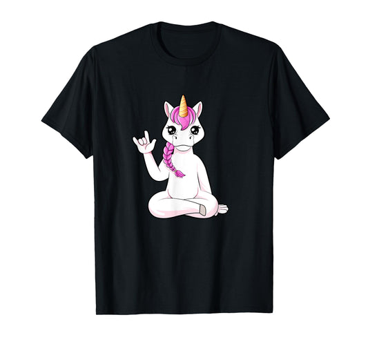 Cartoon unicorn shows I love you - ASL hand gesture T-Shirt