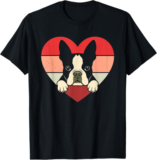 Retro Heart Boston Terrier Dog Vintage Valentine Womens Mens T-Shirt