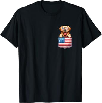 Golden Retriever American Flag Pocket 4th Of July Dog Lover Men Women Kids T-Shirt
