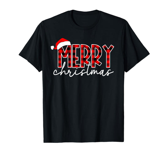Merry Christmas Buffalo Plaid Red Santa Hat Xmas Pajamas T-Shirt