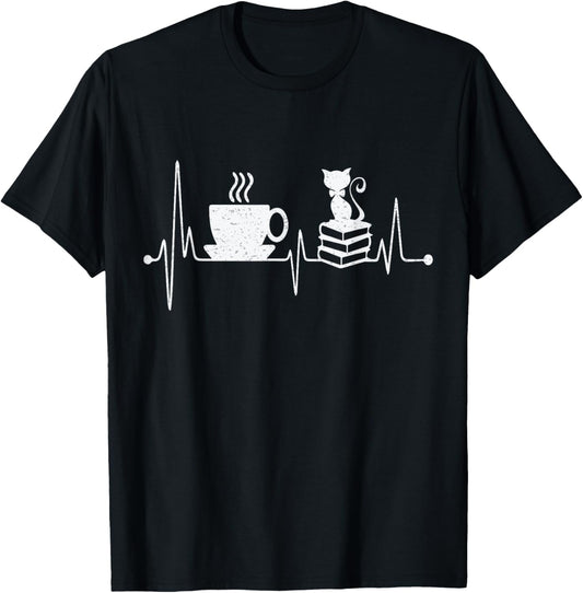 Cat Book Coffee Lover Heartbeat Cat Lover Book Lover T-Shirt