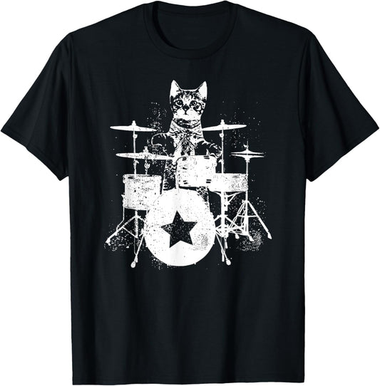 Punk Rockstar Kitten Kitty Cat Drummer Playing Drums Graphic T-Shirt