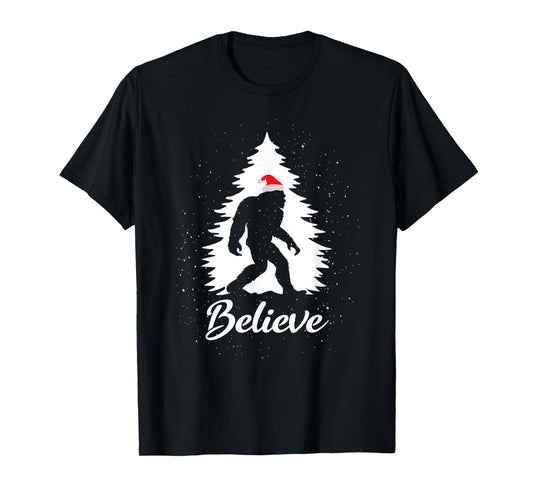 Bigfoot Sasquatch Santa Hat Believe Christmas Gift T-Shirt