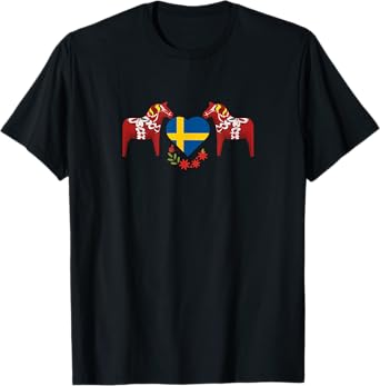 Sweden flag heart Swedish dala horses T-Shirt