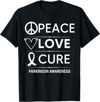 Parkinsons Disease Awareness Peace Love Cure Silver Ribbon T-Shirt