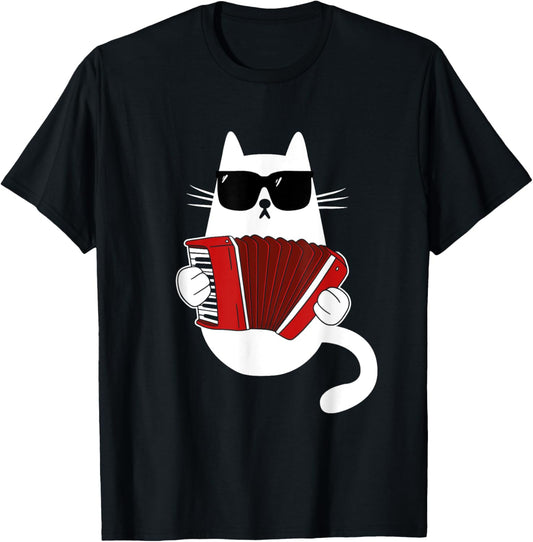 Funny Cat Wearing Sunglasses Playing Accordion Musician T-Shirt