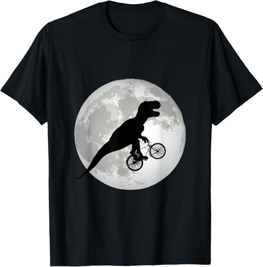 Dinosaur on Bicycle Trex Dino Flying Over Moon T-Shirt