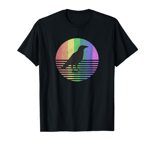 Retro Crow Gay Pride Rainbow Flag 80s Bird Gift Distressed T-Shirt