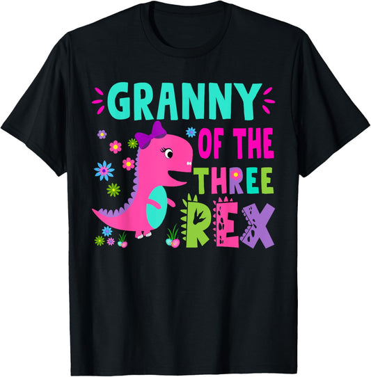 Granny of the THREE rex T-Rex Dinosaur Birthday Family T-Shirt