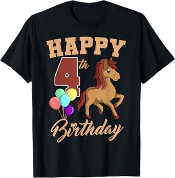 Happy 4th Birthday Horse Theme 4 Bday Party Celebration T-Shirt