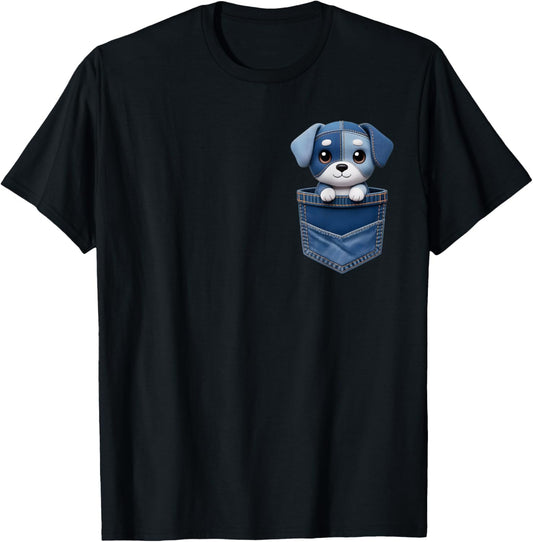 Funny Retro denim patch animal dog Pocket T-Shirt