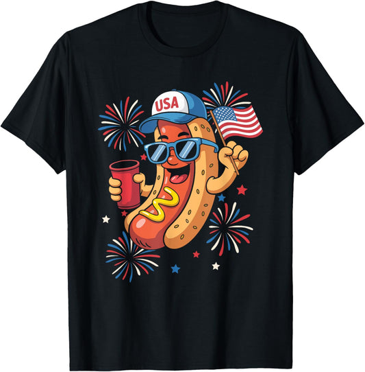 4th of July Hotdog Funny Fourth of July Patriotic USA Flag T-Shirt