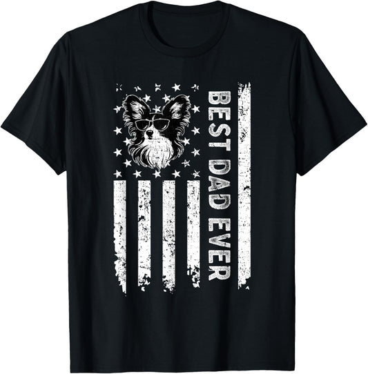 Best Papillon Dog Dad Ever Fathers Day USA Flag T-Shirt