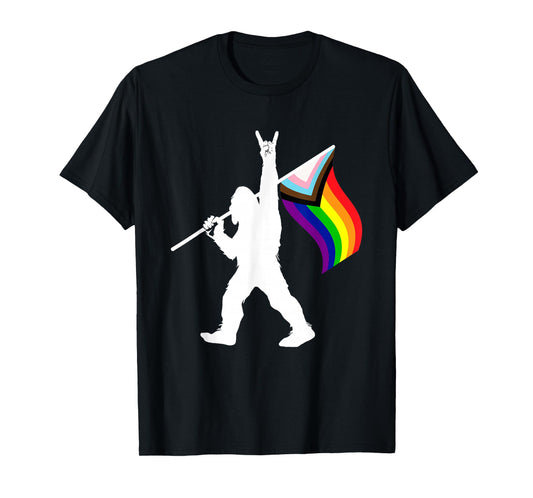 Bigfoot Rock On LGBTQ Progressive New Pride Flag T-Shirt