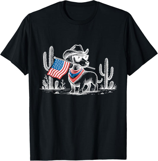 Retro Western Cowboy Dachshund 4th of July Dachshund Dog Mom T-Shirt