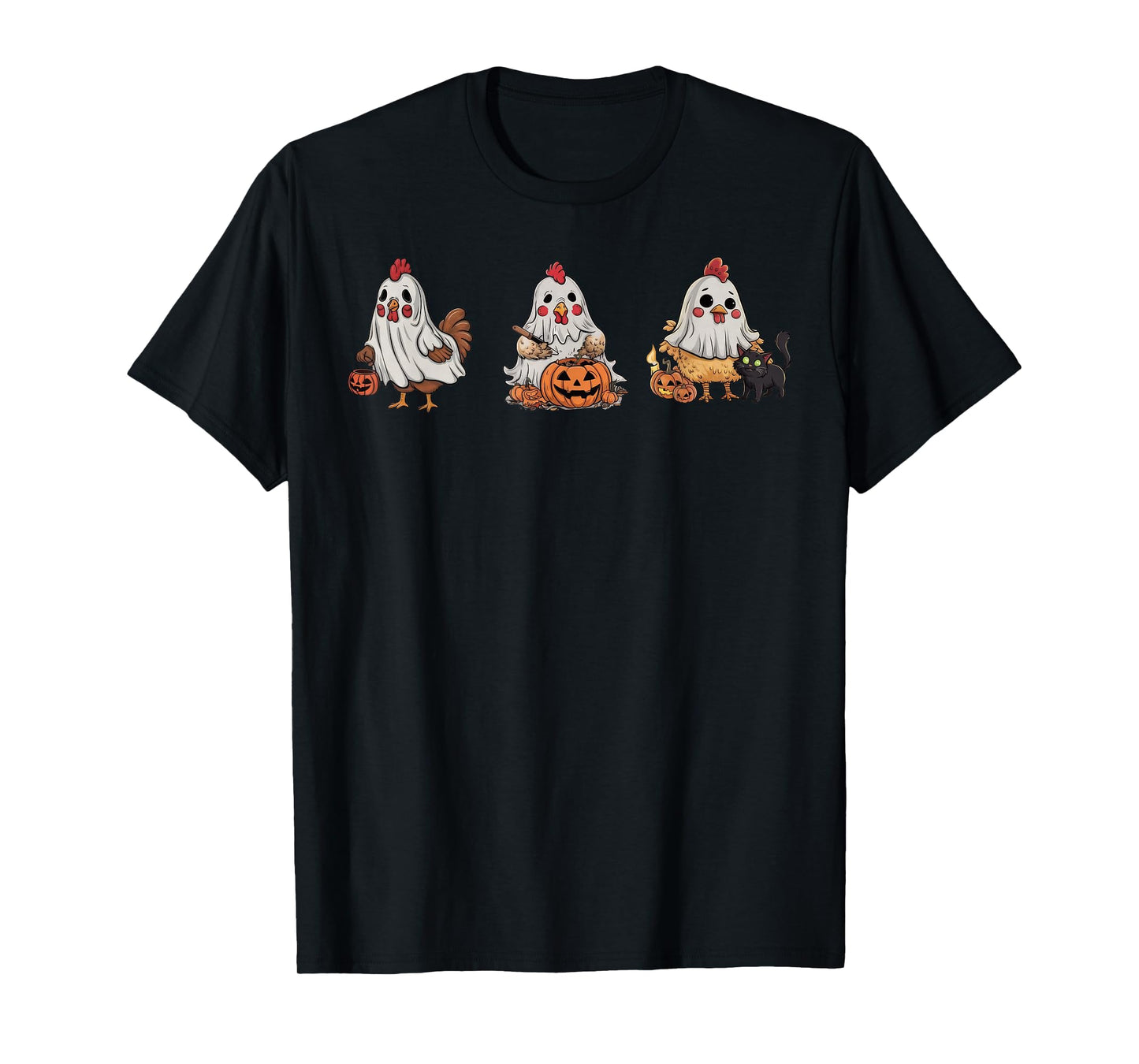Chickens In Ghost Costume Pumpkin Black Cat Halloween T-Shirt for Men Women Kids