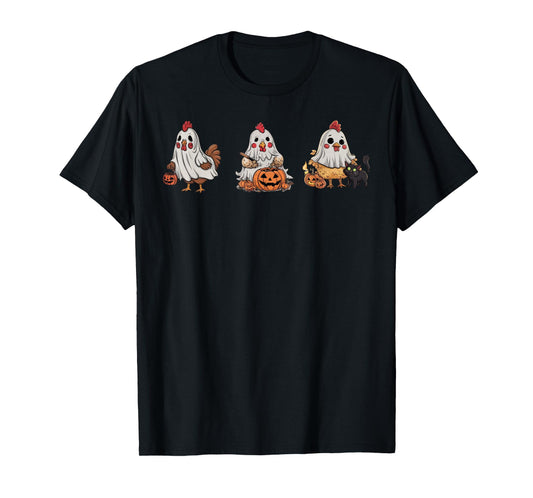 Chickens In Ghost Costume Pumpkin Black Cat Halloween T-Shirt for Men Women Kids