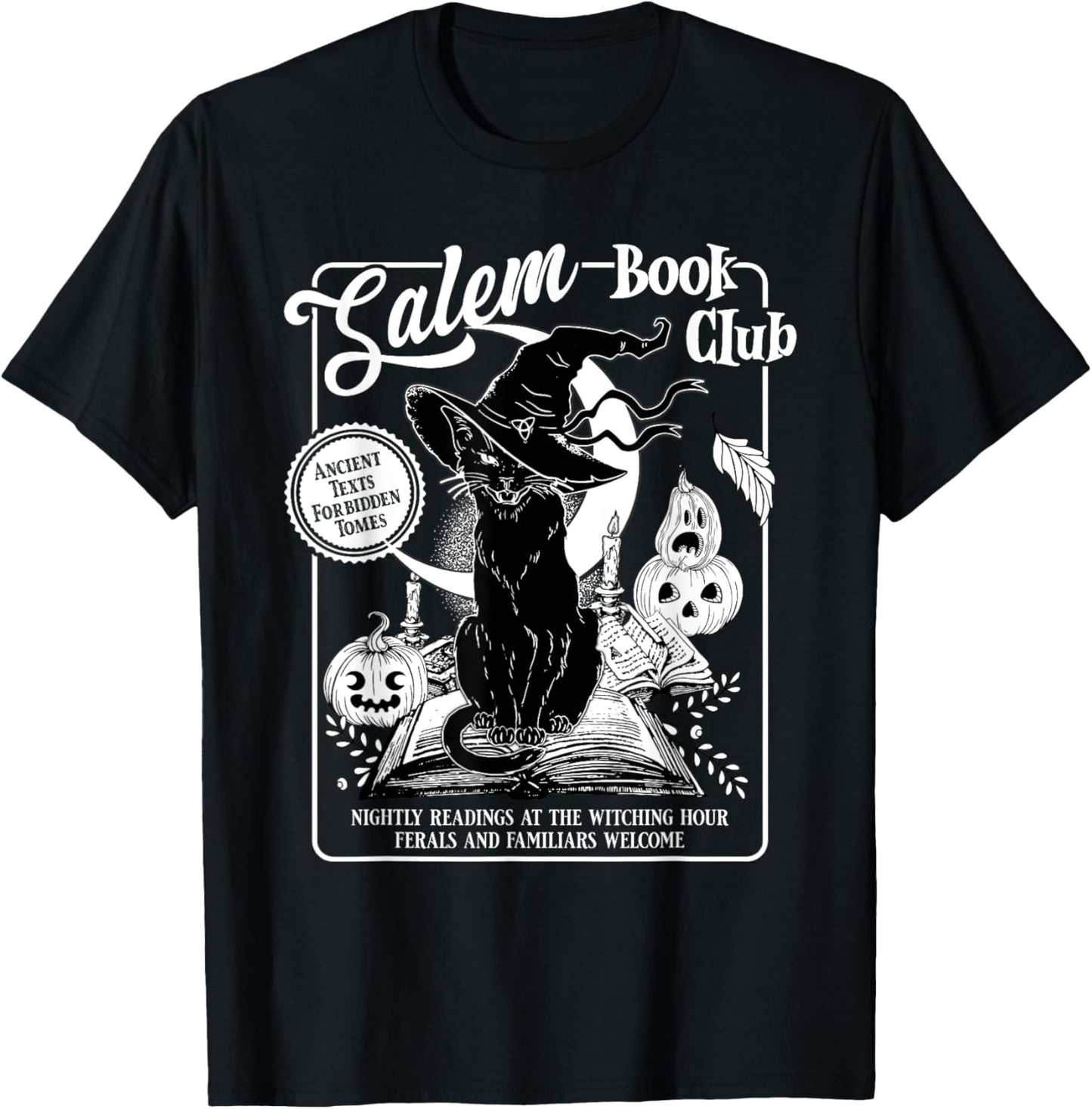 Salem Witch Book Club Bookish Retro Halloween Black Cat T-Shirt
