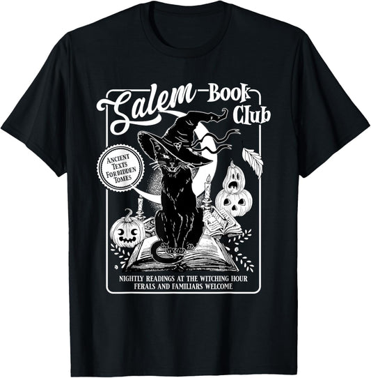 Salem Witch Book Club Bookish Retro Halloween Black Cat T-Shirt