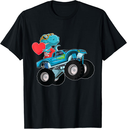Valentines Day T Rex Riding Monster Truck Kids T-Shirt