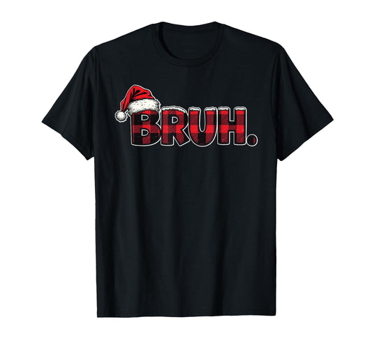 Bruh Santa Hat Funny Christmas Plaid Holiday Boys Kids Xmas T-Shirt