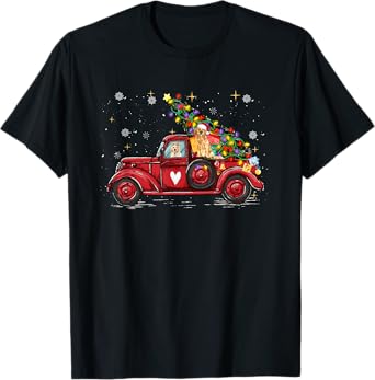 Golden Retriever Dog Love Red Pickup Truck Christmas Men Women Kids T-Shirt
