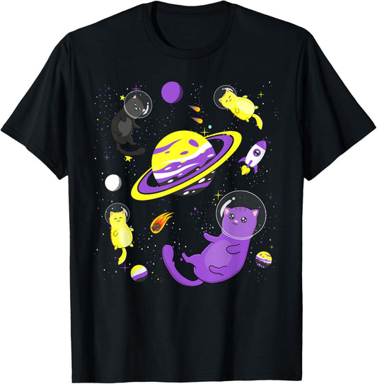 Funny Cat In Space Non-Binary Flag Agender Genderqueer Pride T-Shirt