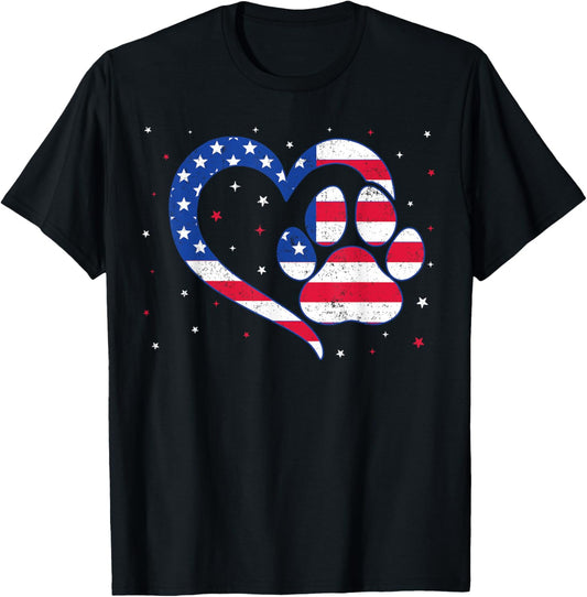 Cat & Dog Paw Heart American Flag Patriotic USA 4th Of July T-Shirt