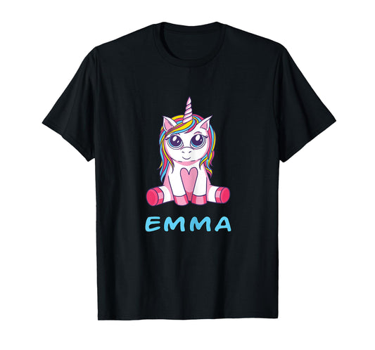 Emma unicorn name baby child girl sits cute toddler T-Shirt