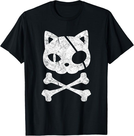 Vintage Pirate Cat Kitten Halloween Skull Cross Bones T-Shirt
