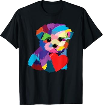 Cute Dog Rescue Gift For Women Men Teens Rainbow Puppy Heart T-Shirt