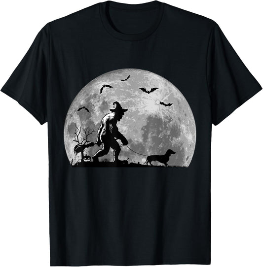 Bigfoot Walking Dachshund Dog Sasquatch Halloween T-Shirt