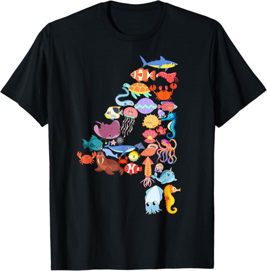 Fun Kids 4th Birthday Ocean Sea Animals Theme 4 Year Old Boy T-Shirt
