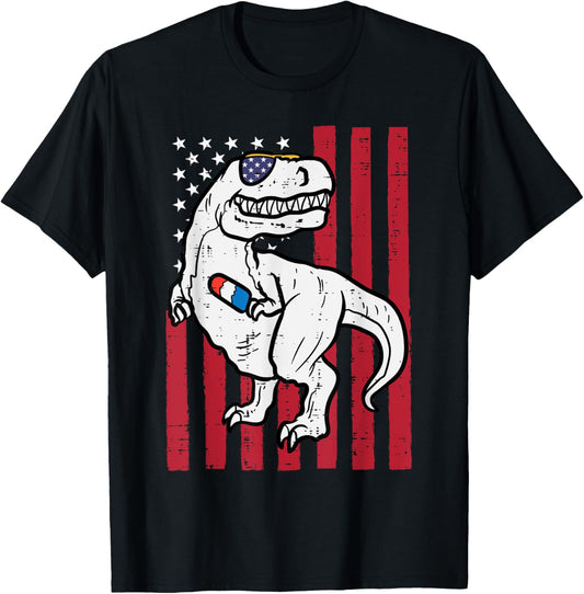 Trex American Flag Fourth 4th Of July Dinosaur Boys Kids T-Shirt