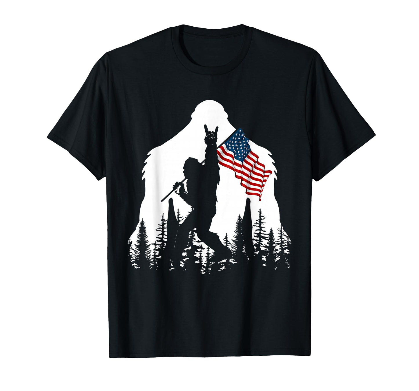 Bigfoot Rock On Hold American Flag Sasquatch Believers T-Shirt