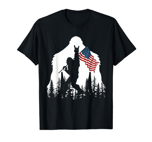 Bigfoot Rock On Hold American Flag Sasquatch Believers T-Shirt
