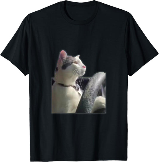 Cat Driving Meme T-Shirt - Black, Unisex-Adults, Short Sleeve, Small, Classic Fit, Cotton Blend, Modern Casual, Everyday, Animals, Driving, Casual Wear, Cat